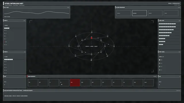 Industrial Interlock Network Sci-Fi HUD with Telemetry Graph and Node Diagram