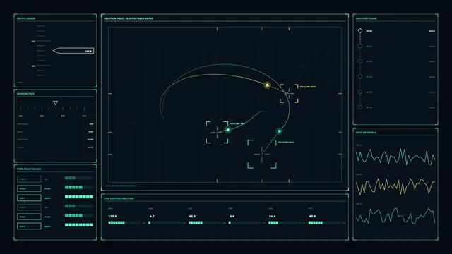 Fictional Fire-Control HUD Dashboard with Trajectory Scanner, 4K Wallpaper