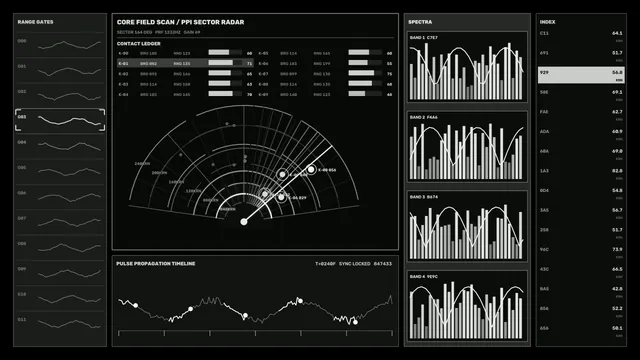 Futuristic PPI Sector Radar HUD Dashboard with Telemetry Charts