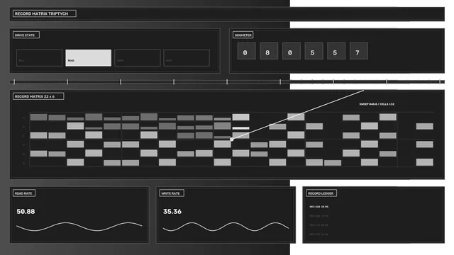 Monochrome Data Processing HUD with Record Matrix and Telemetry Panels