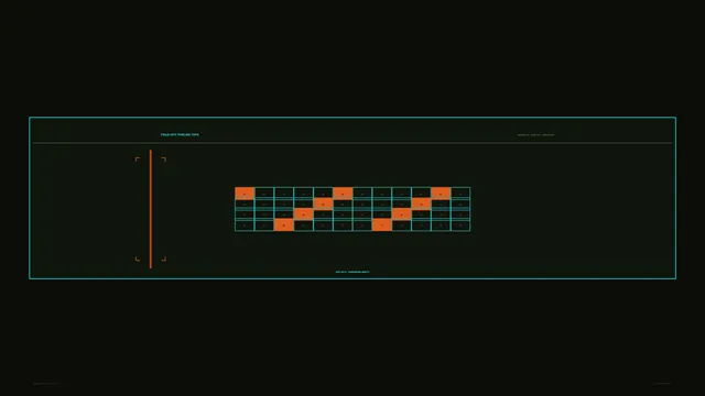 Sci-Fi Timeline Monitor HUD with Cyan Grid and Orange Status Blocks