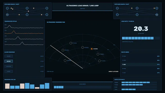 Ultrasonic Leak Sonar HUD with Pipe Node Graph and Telemetry Dashboard