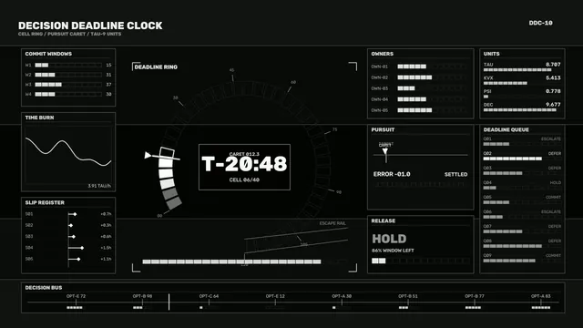 Fictional Sci-Fi Countdown HUD with Segmented Deadline Ring and Telemetry Panels