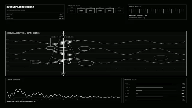 Monochrome Subsurface Ice Sonar HUD 4K Sci-Fi Wallpaper