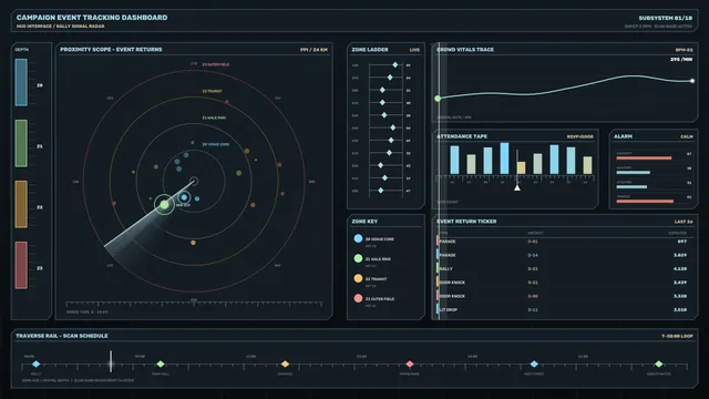 Sci-Fi Event Tracking HUD Dashboard with Proximity Scope and Telemetry Panels