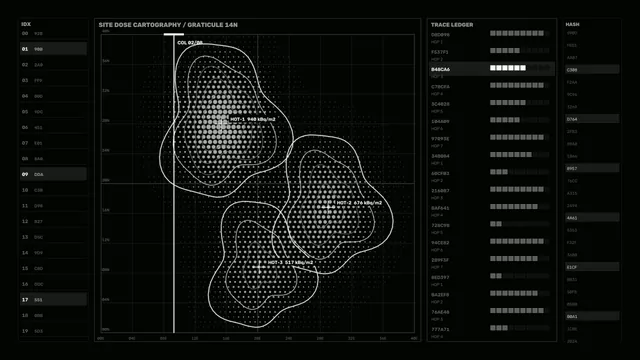 Radiation Dose Mapping HUD with Contour Grid and Telemetry Ledger