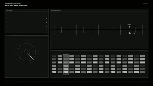 Monochrome Science-Fiction HUD with Timeline, Scanner Dial and Status Matrix