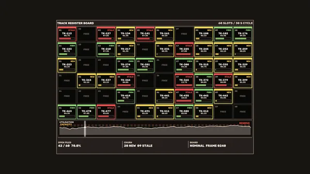 Sci-Fi Track Register HUD Dashboard with 60-Slot Status Grid