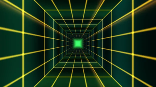 Neon Green Wireframe Tunnel with Yellow Grid 4K Wallpaper