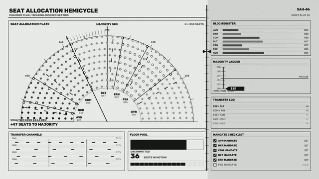 Seat Allocation Hemicycle HUD — 4K Science-Fiction Wallpaper