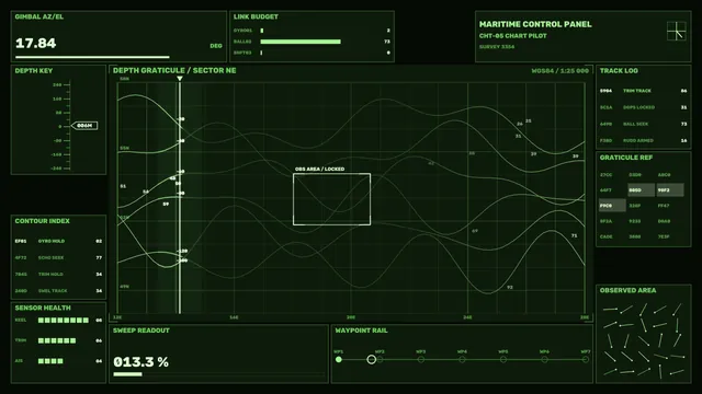Maritime Navigation HUD with Depth Graticule and Telemetry Dashboard