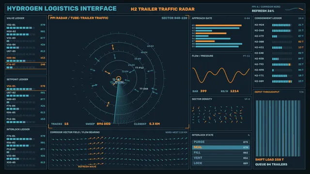Hydrogen Logistics Radar Dashboard HUD, 4K Sci-Fi Interface