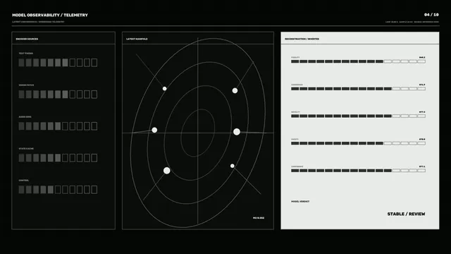 Monochrome Sci-Fi Telemetry HUD Dashboard with Manifold Plot and Metric Bars