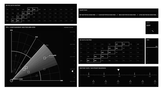 Monochrome Containment Sector Alert HUD Interface, 4K Sci-Fi Wallpaper