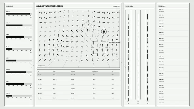 Science-Fiction Radiation Monitoring HUD with Source Targeting and Plume Flow