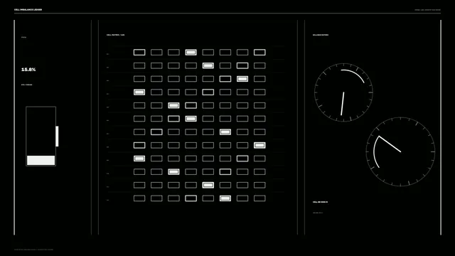 Sci-Fi Battery Status HUD with Cell Matrix and Circular Gauges 4K Wallpaper