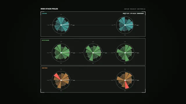 Risk Assessment HUD with Seven Radial Score Charts in Cyan, Green, Amber and Red