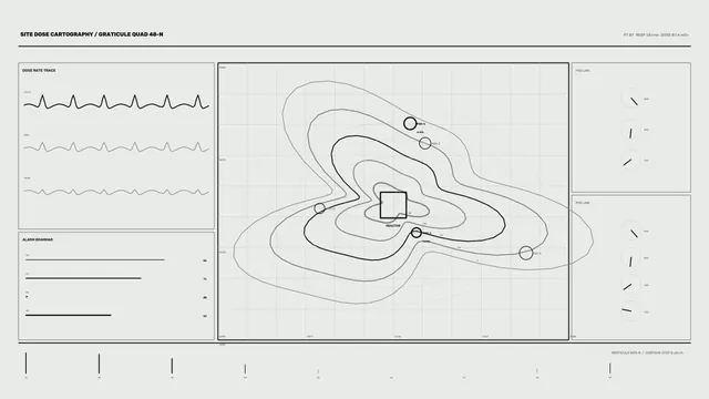 Reactor Radiation Monitoring HUD with Dose Contour Map | 4K Sci-Fi Wallpaper