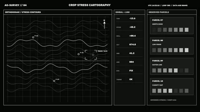 Monochrome Crop Stress Cartography HUD 4K Sci-Fi Wallpaper