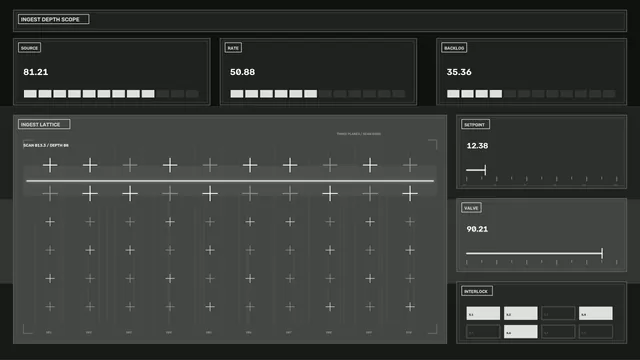 Sci-Fi Data Processing HUD Dashboard with Ingest Lattice