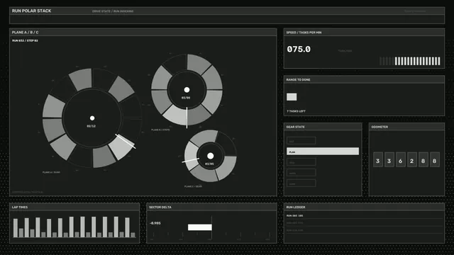Monochrome Sci-Fi Task Dashboard HUD with Segmented Circular Gauges