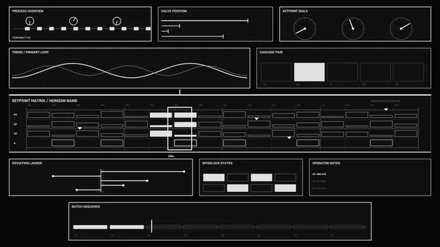 Industrial Process Control HUD Dashboard with Monochrome Telemetry Panels