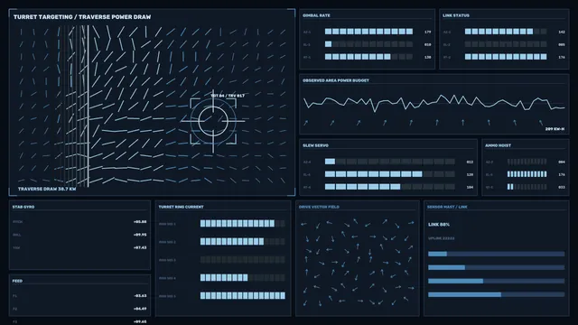 Sci-Fi Turret Control HUD with Reticle and Telemetry Panels