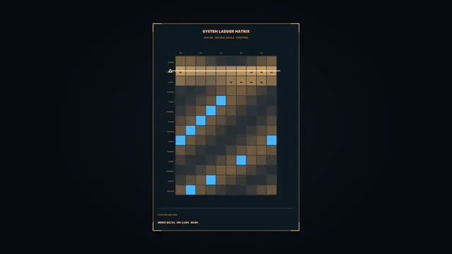 System Ladder Matrix HUD with Amber Frame and Blue Grid – 4K Sci-Fi Wallpaper