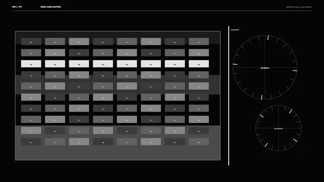 Industrial Grid Load Monitoring HUD with Numeric Matrix and Circular Gauges
