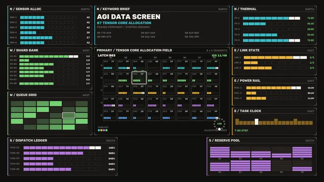 Futuristic Data Allocation HUD with Sensor, Thermal and Power Dashboards
