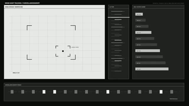 Monochrome Sci-Fi Tracking HUD with Grid Scanner and Telemetry Panels