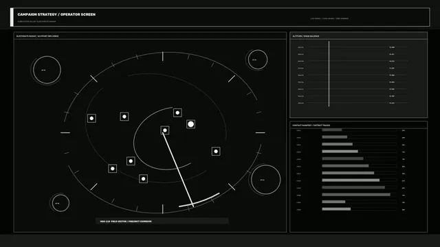 Campaign Strategy Operator Screen HUD with Radar and Telemetry Dashboard