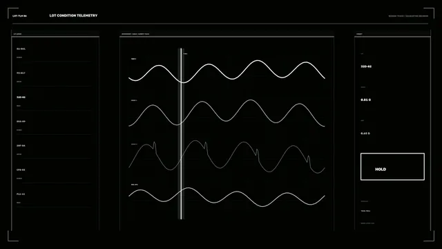 Industrial Lot Condition Telemetry HUD with Waveform Dashboard, 4K Sci-Fi