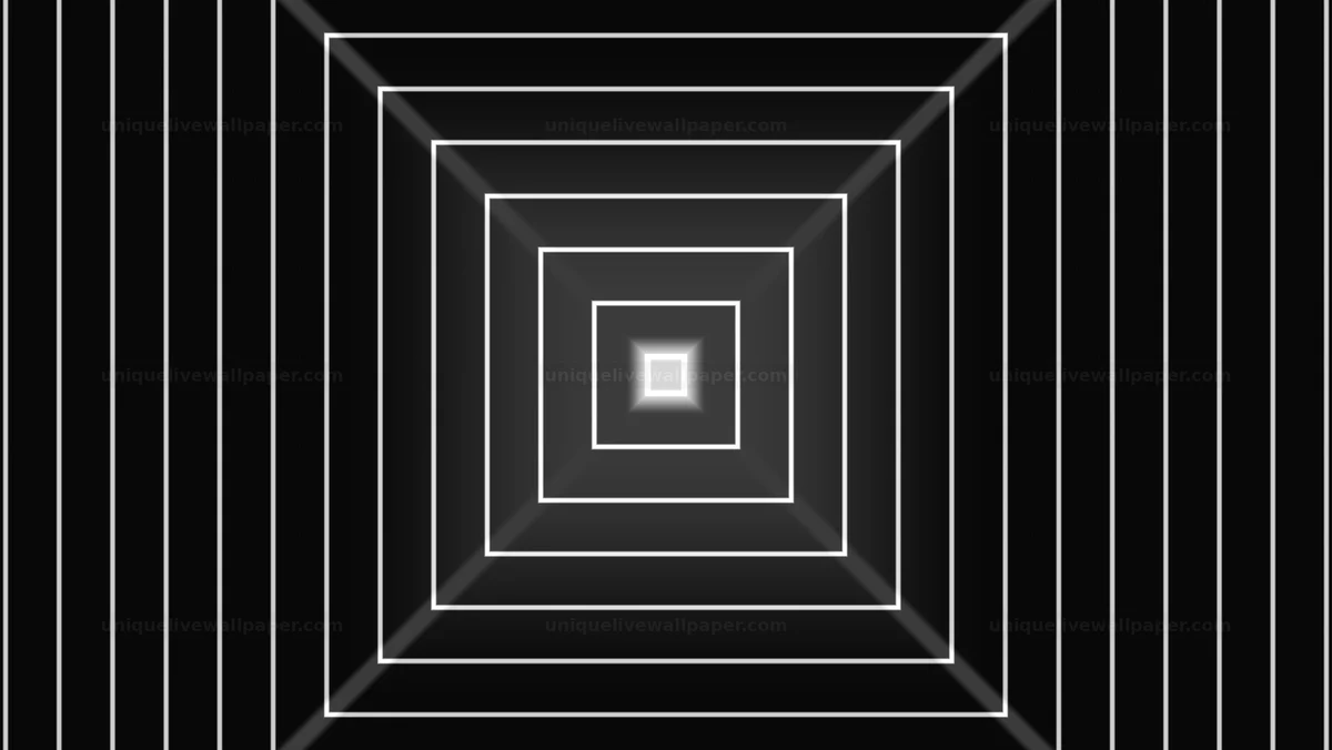 Black and white concentric square background shows layered squares