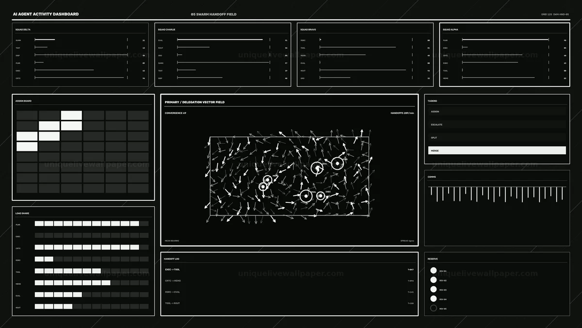 AI Agent Activity Dashboard with Handoff Vector Field