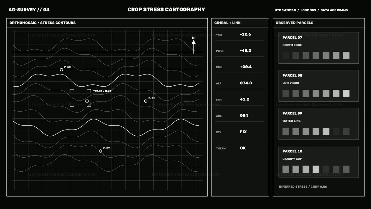 Watermarked thumbnail for Drone Agricultural Survey HUD Crop Stress Map Seamless Loop