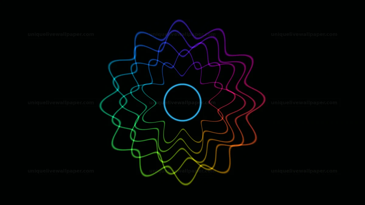 Dark neon mandala background features flowing shapes on a black canvas